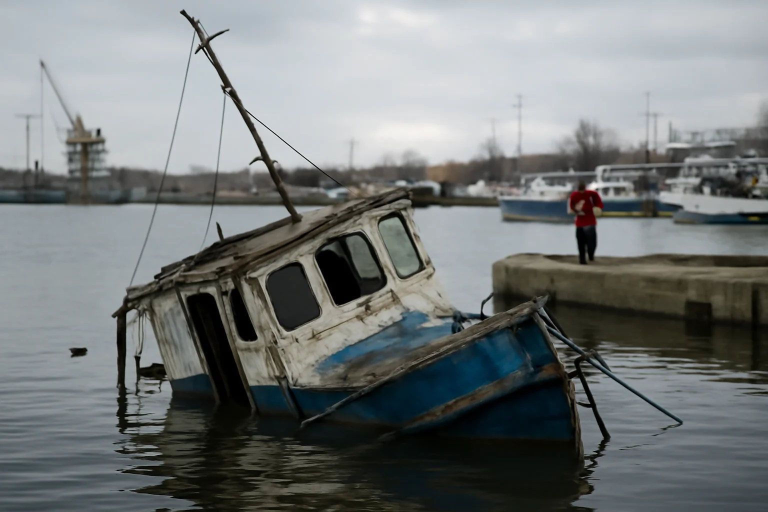 Barcă inundată în zona portuară Tulcea